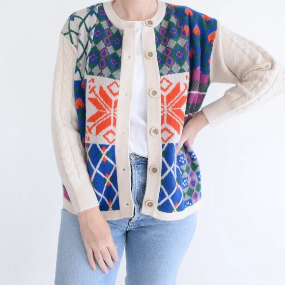 Cider Cream &  Blue Floral Argyle Knit Button Up Sweater L - Picture 2 of 12